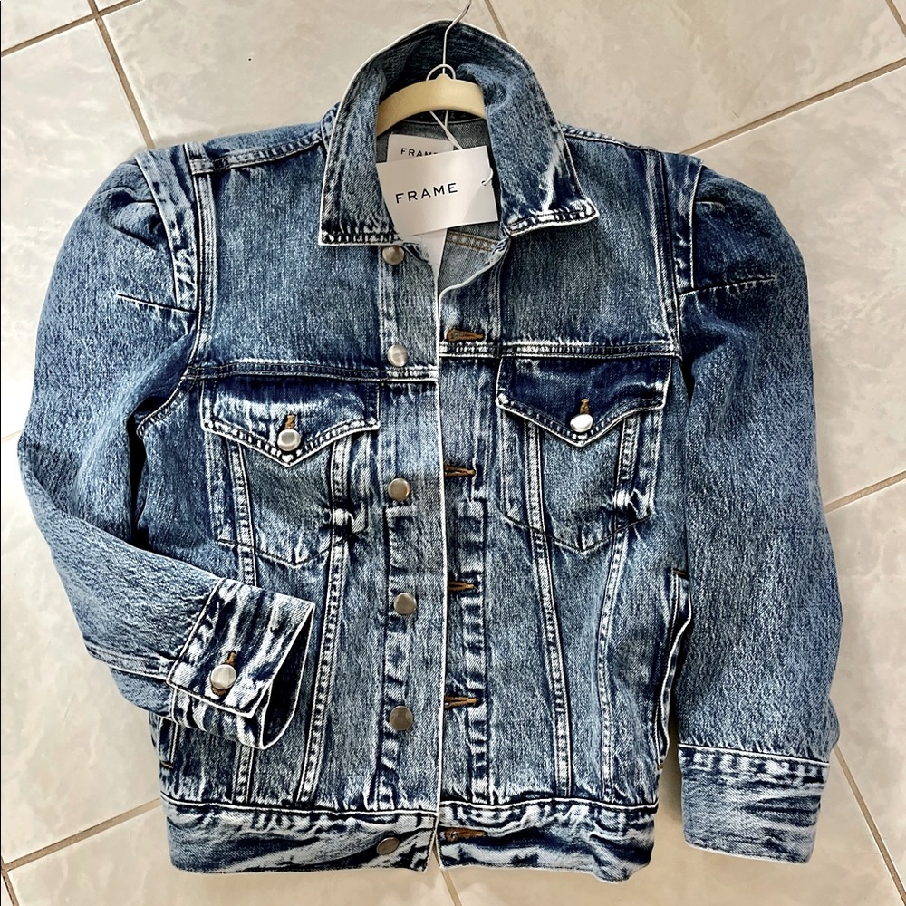 Frame NWT Rosette Puff Sleeve Denim Jacket Intermix Med, Puff Sleeve